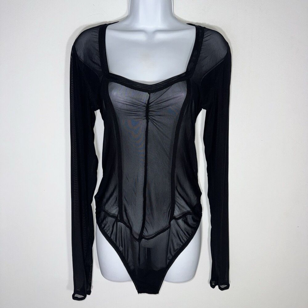 NWT Intimately Free People Black Ruched Mesh Scoop Neck Bodysuit Sheer Large